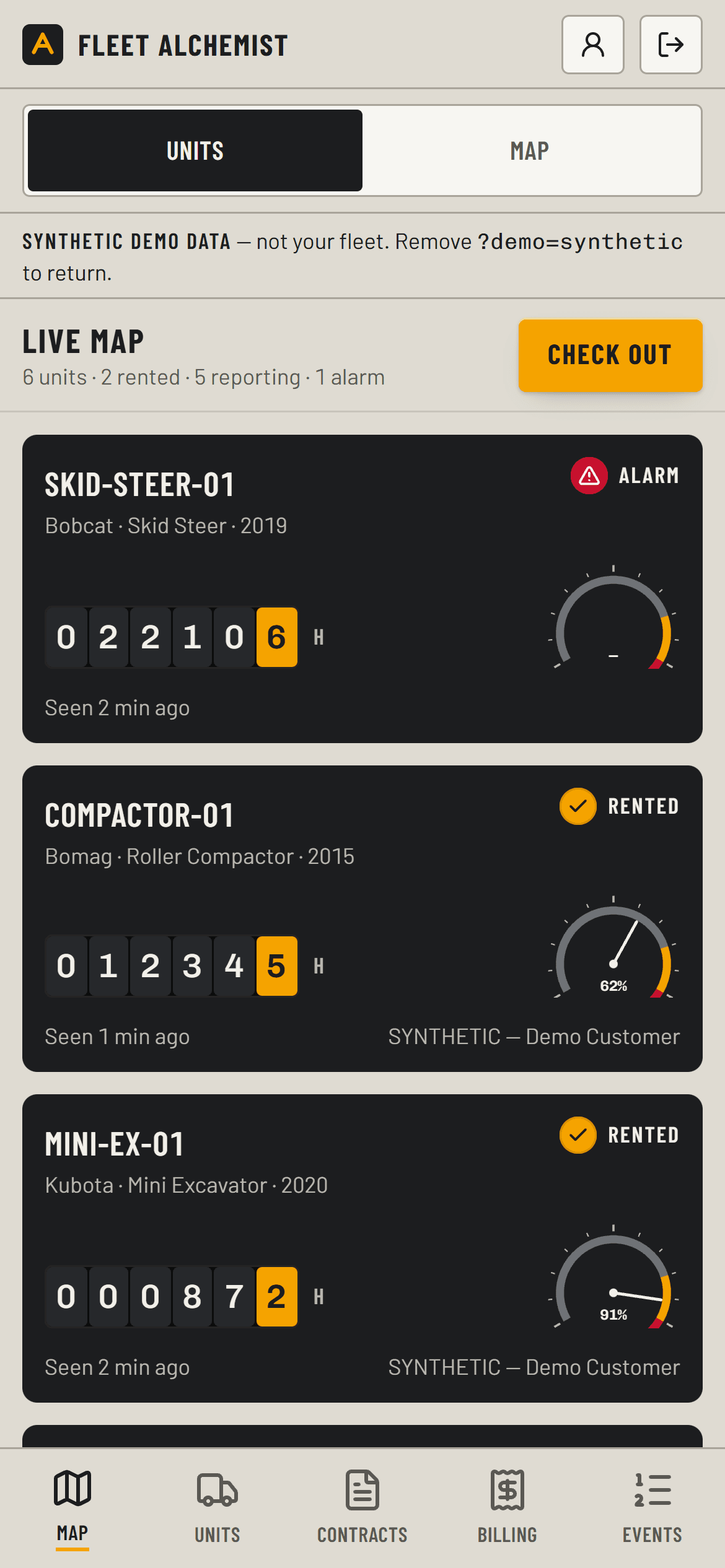 The yard phone view in demo mode: Units and Map tabs under the header, then a stacked column of unit gauge cards — a telehandler with a red Alarm lamp, a skid steer and a compactor with amber Rented lamps — each with hour meter wheels and an arc gauge, and a bottom bar of large navigation targets.